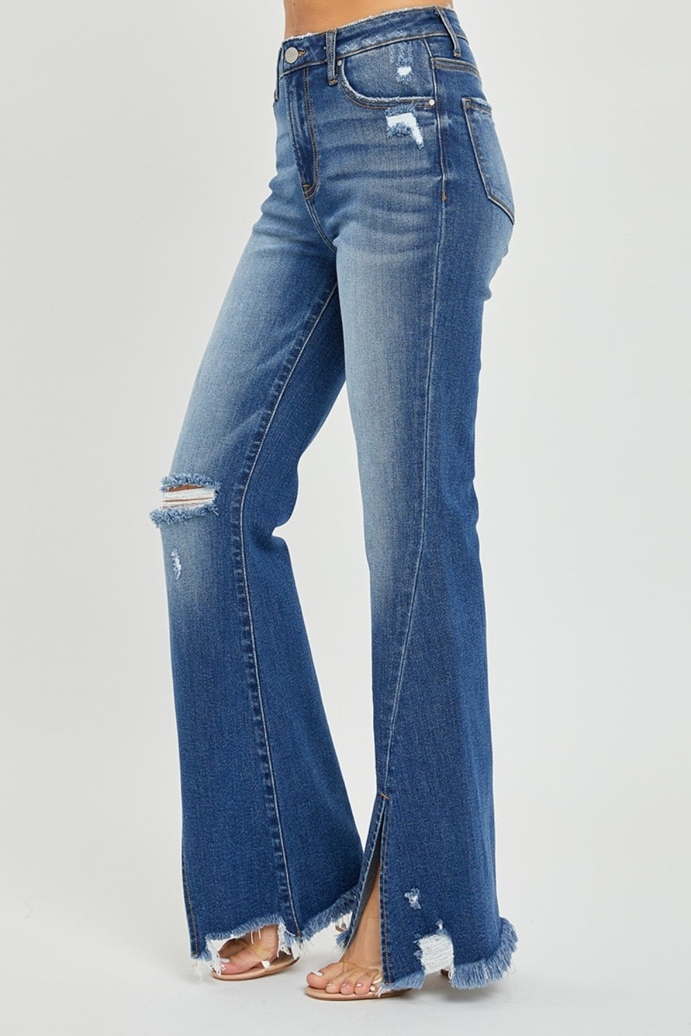 RISEN High Rise Front Slit Frayed Hem Flare Jeans Trendsi