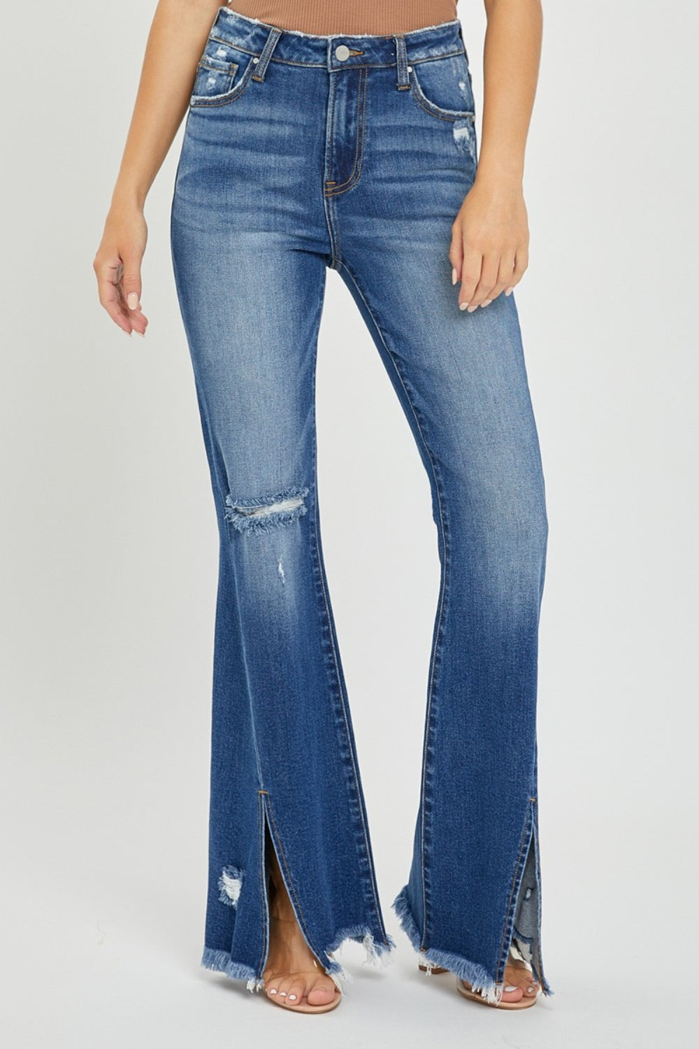 RISEN High Rise Front Slit Frayed Hem Flare Jeans Trendsi