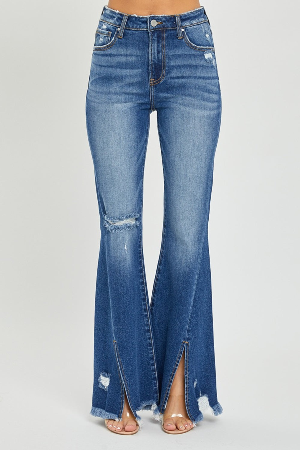 RISEN High Rise Front Slit Frayed Hem Flare Jeans Trendsi