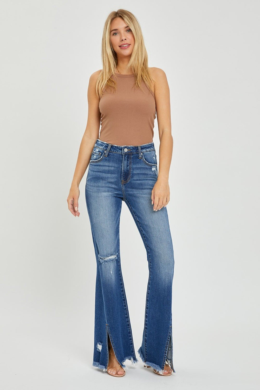 RISEN High Rise Front Slit Frayed Hem Flare Jeans Trendsi