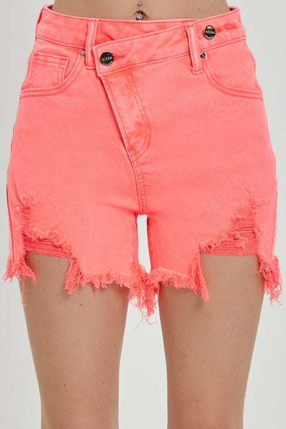 RISEN Raw Hem Asymmetrical Waist Denim Shorts Trendsi