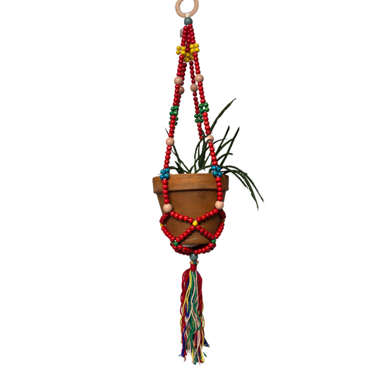 Red Macrame Plant Holder | Boho Hanging Decor Flowerpot Holder  DAME BOHEME