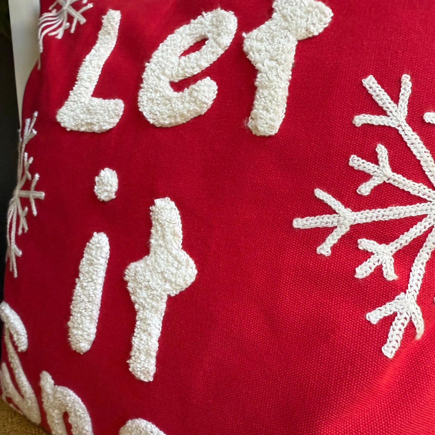Red and White “Let it Snow” Embroidered Pillow Cover  DAME BOHEME