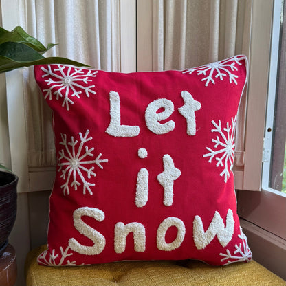 Red and White “Let it Snow” Embroidered Pillow Cover  DAME BOHEME
