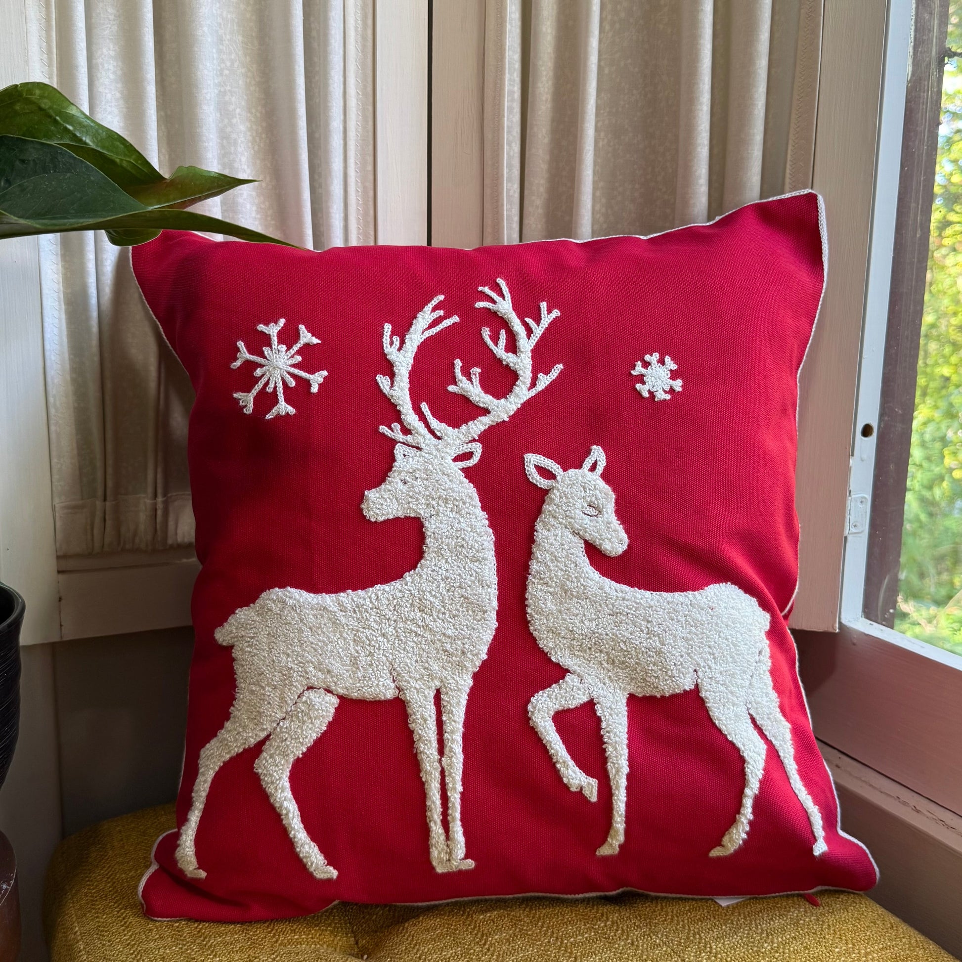 Red and White Winter Deer Embroidered Pillow Cover  DAME BOHEME
