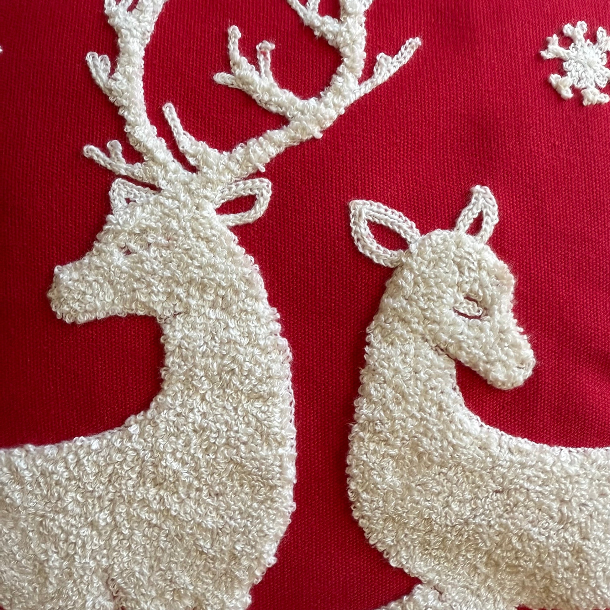 Red and White Winter Deer Embroidered Pillow Cover  DAME BOHEME