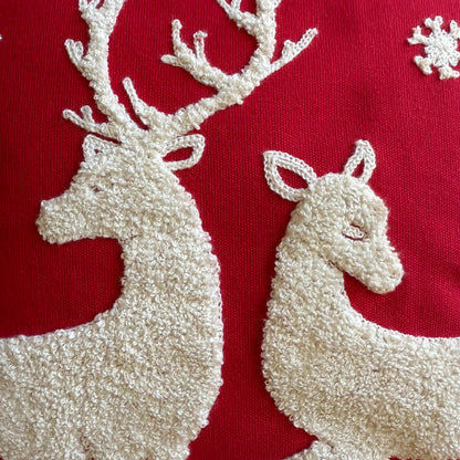 Red and White Winter Deer Embroidered Pillow Cover  DAME BOHEME