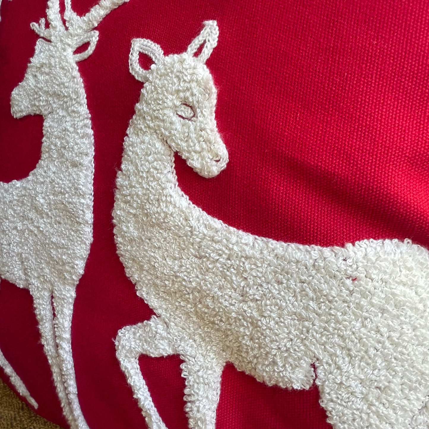Red and White Winter Deer Embroidered Pillow Cover  DAME BOHEME