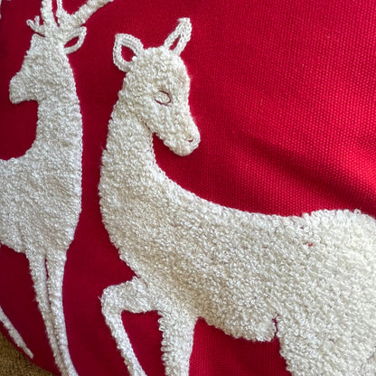 Red and White Winter Deer Embroidered Pillow Cover  DAME BOHEME