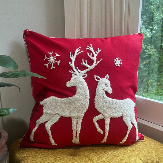 Red and White Winter Deer Embroidered Pillow Cover  DAME BOHEME