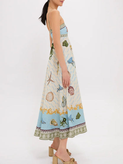 Ocean Print Spaghetti Strap Midi Dress - Plus Size Trendsi