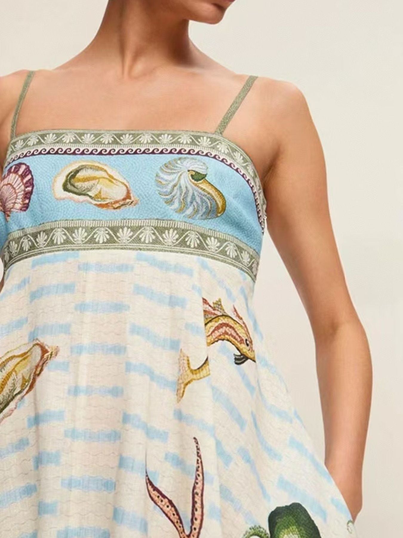 Ocean Print Spaghetti Strap Midi Dress - Plus Size Trendsi