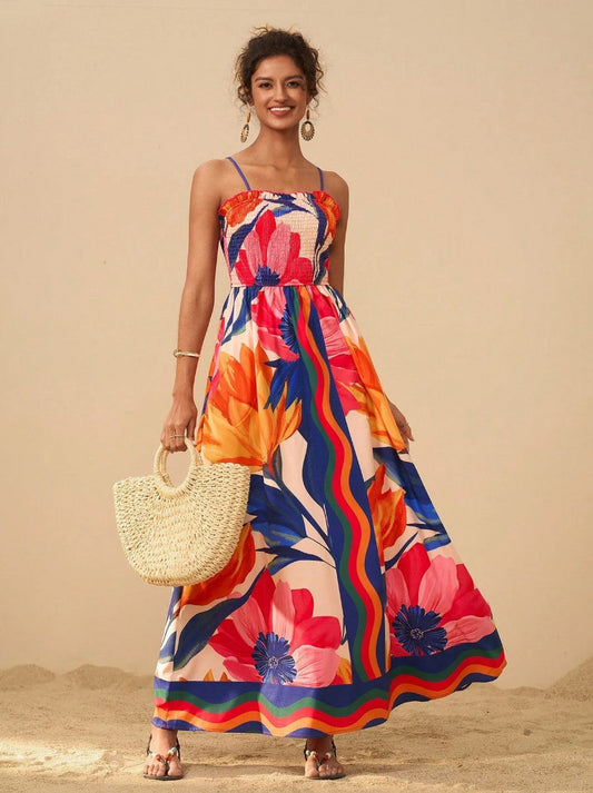 Smocked Printed Spaghetti Strap Maxi Dress - Plus Size Trendsi