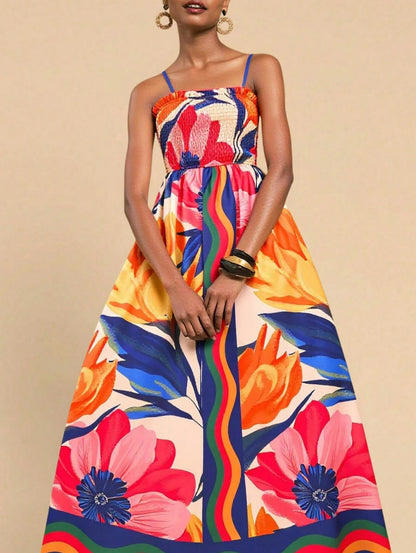 Smocked Printed Spaghetti Strap Maxi Dress - Plus Size Trendsi