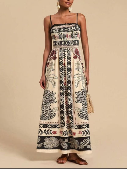 Smocked Printed Spaghetti Strap Maxi Dress - Plus Size Trendsi