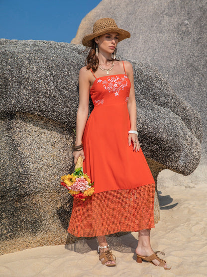 Embroidered Square Neck Midi Cami Dress Trendsi