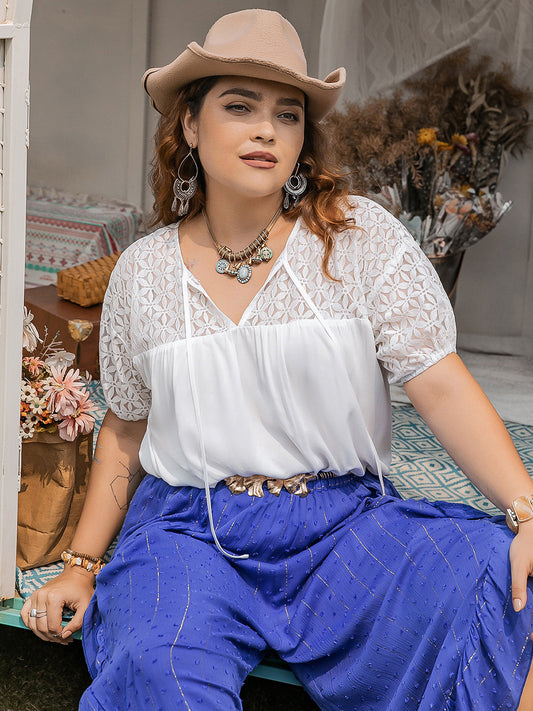 Plus Size Tie Neck Short Sleeve Lace Blouse Trendsi