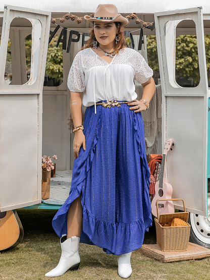 Plus Size Tie Neck Short Sleeve Lace Blouse Trendsi
