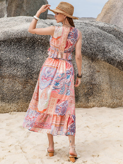 Floral Printed V-Neck Top and Midi Skirt Set Trendsi