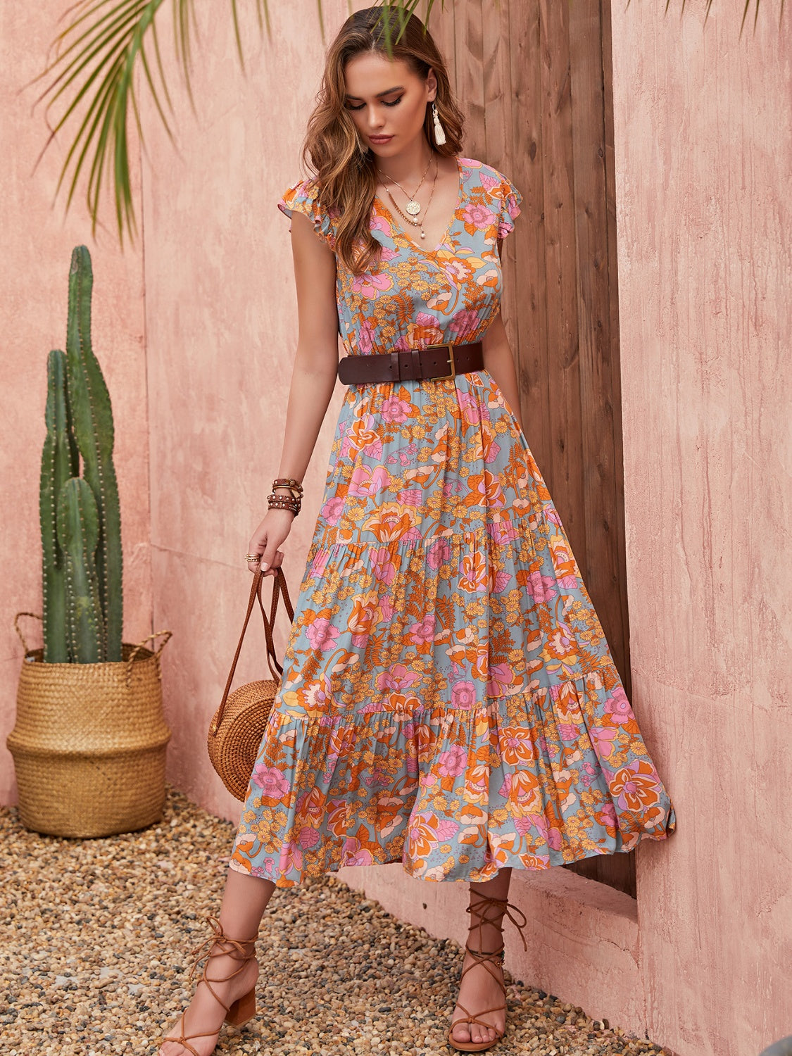 Ruffled Printed V-Neck Cap Sleeve Tiered Dress Trendsi