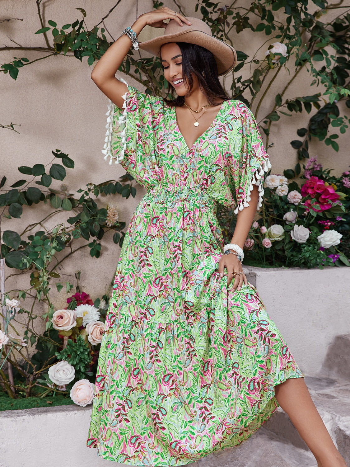 Smocked Tassel Trim Floral V-Neck Short Sleeve Dress Trendsi