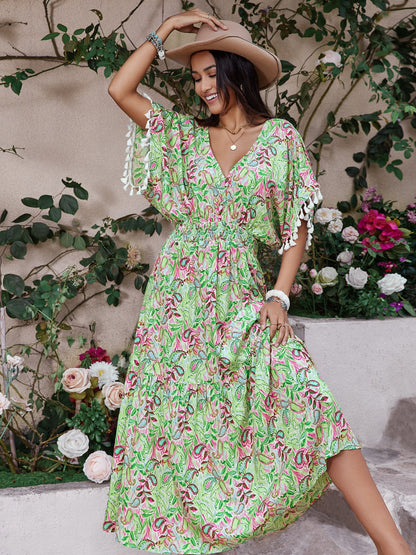 Smocked Tassel Trim Floral V-Neck Short Sleeve Dress Trendsi