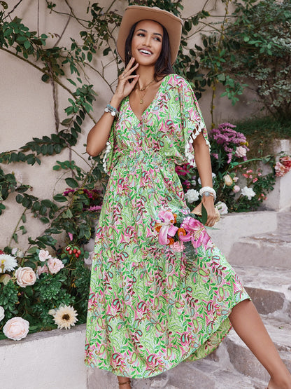 Smocked Tassel Trim Floral V-Neck Short Sleeve Dress Trendsi