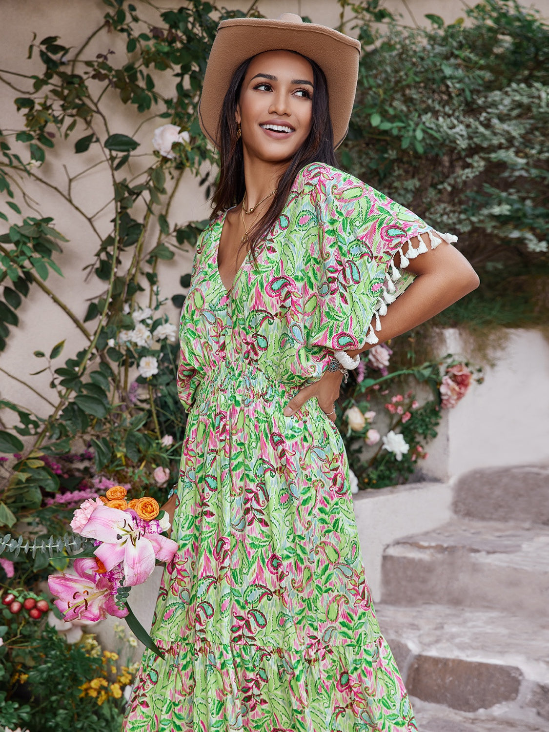 Smocked Tassel Trim Floral V-Neck Short Sleeve Dress Trendsi