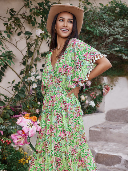 Smocked Tassel Trim Floral V-Neck Short Sleeve Dress Trendsi