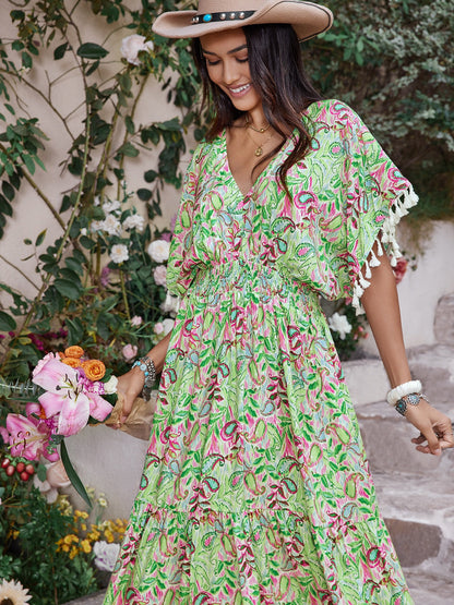 Smocked Tassel Trim Floral V-Neck Short Sleeve Dress Trendsi