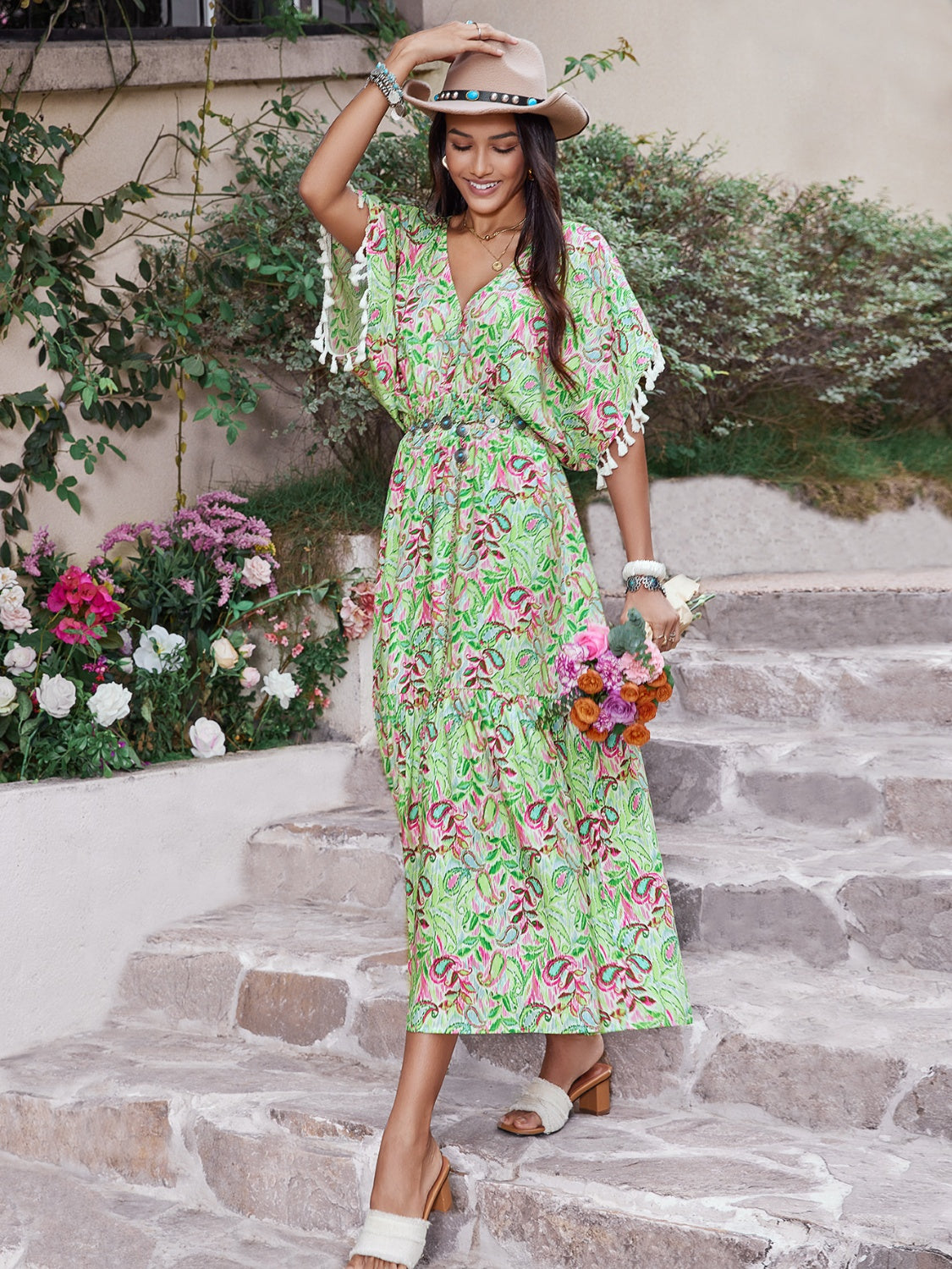 Smocked Tassel Trim Floral V-Neck Short Sleeve Dress Trendsi