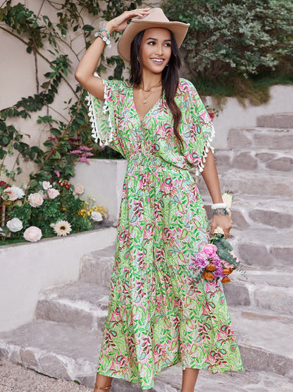 Smocked Tassel Trim Floral V-Neck Short Sleeve Dress Trendsi