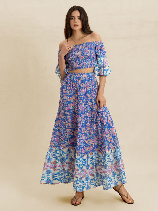 Smocked Off-Shoulder Printed Top and Skirt Set Trendsi
