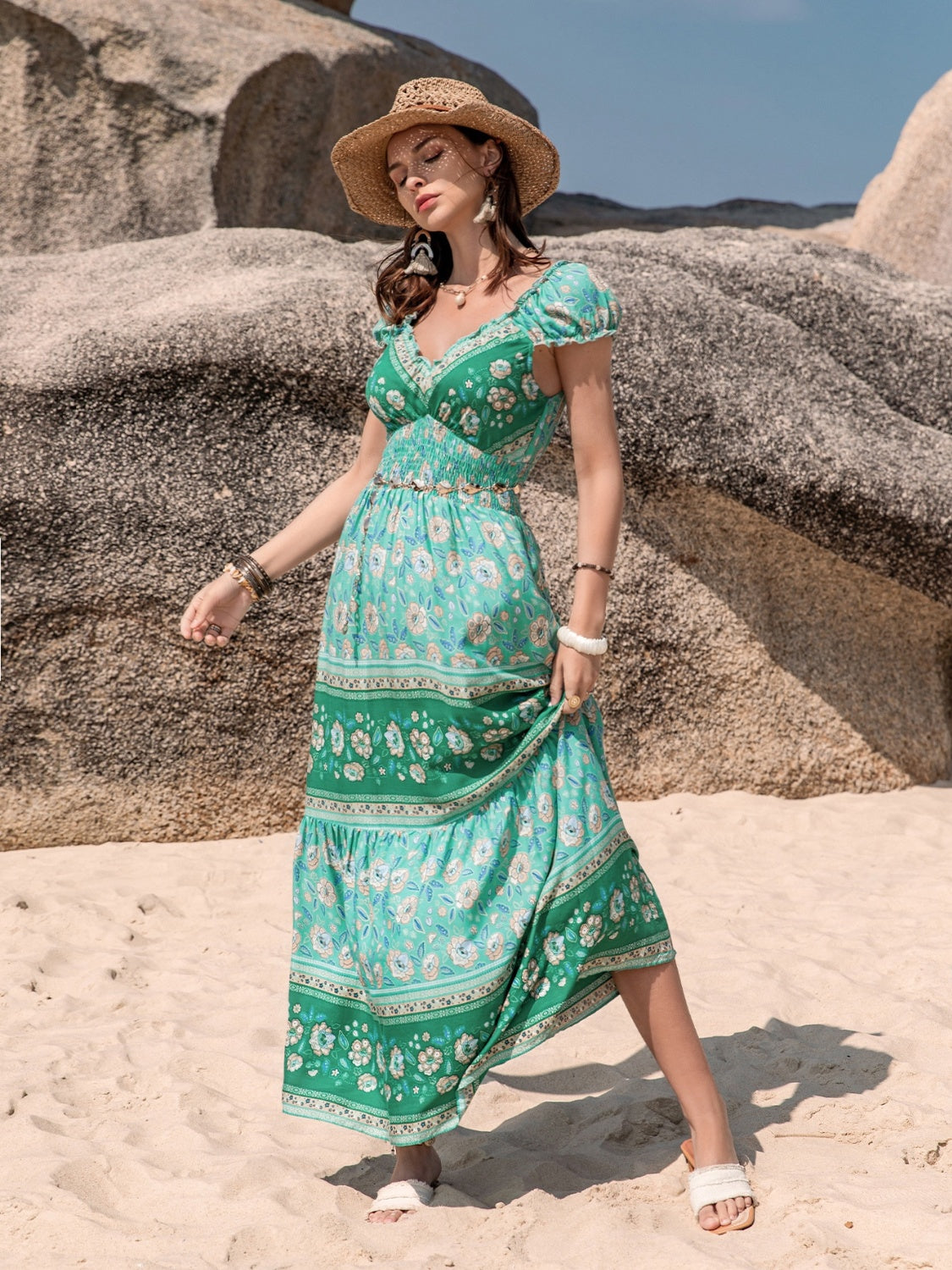 Smocked Printed V-Neck Dress Trendsi