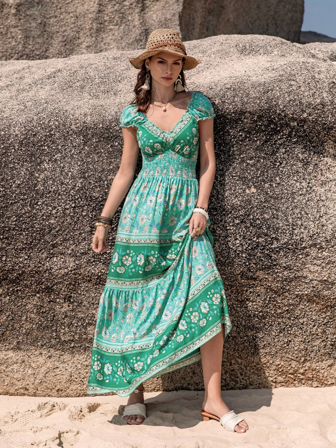 Smocked Printed V-Neck Dress Trendsi