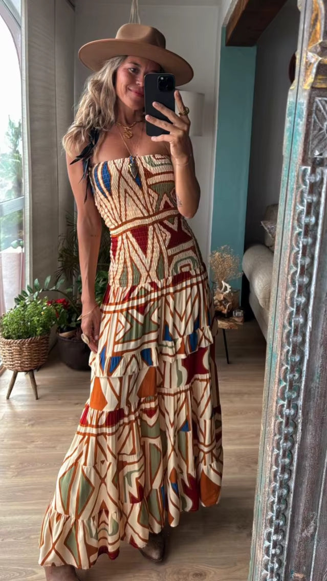 Smocked Geometric Print Tube Flared Maxi Dress Trendsi