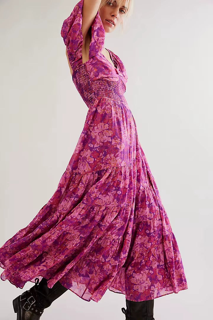 Printed Sweetheart Neck Puff Sleeve Maxi Dress Trendsi