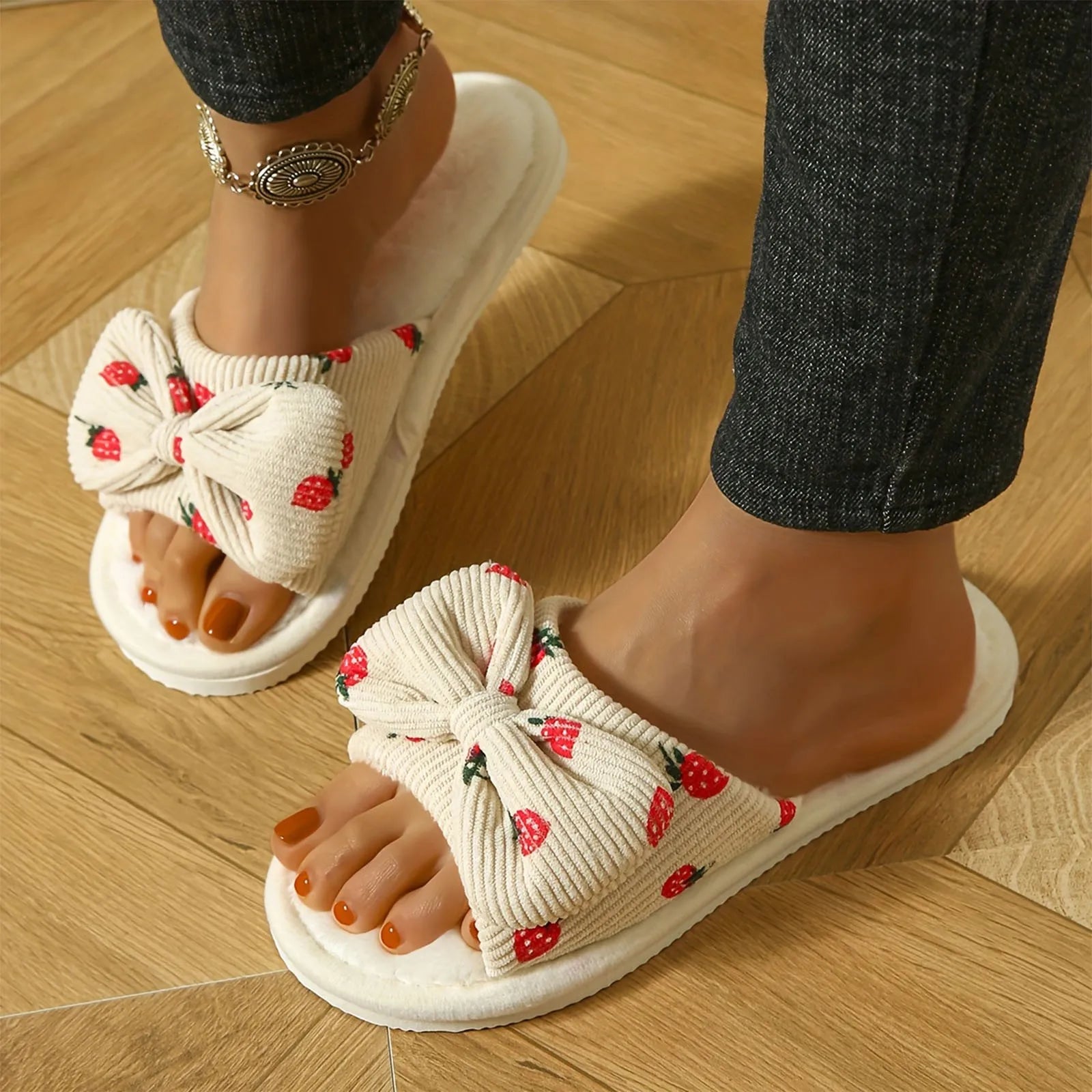 Strawberry Print Bow Cotton Plush Indoor Slippers