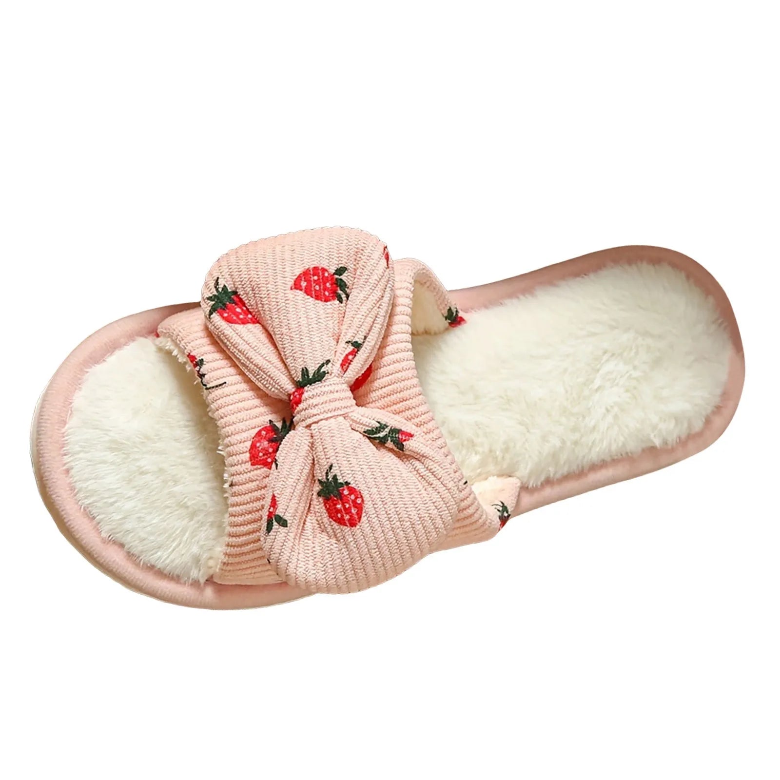 Strawberry Print Bow Cotton Plush Indoor Slippers