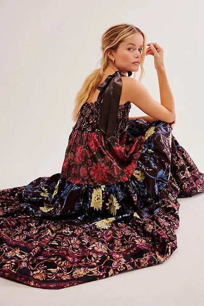 Floral Tiered Maxi Dress with Mixed Print Design Trendsi