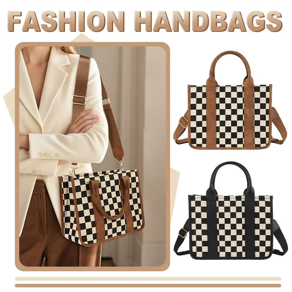 Women Canvas Checkered Tote Bag Large Capacity