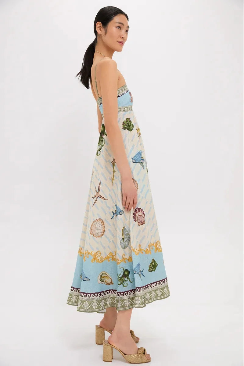 Ocean Print Spaghetti Strap Midi Dress - Plus Size Trendsi