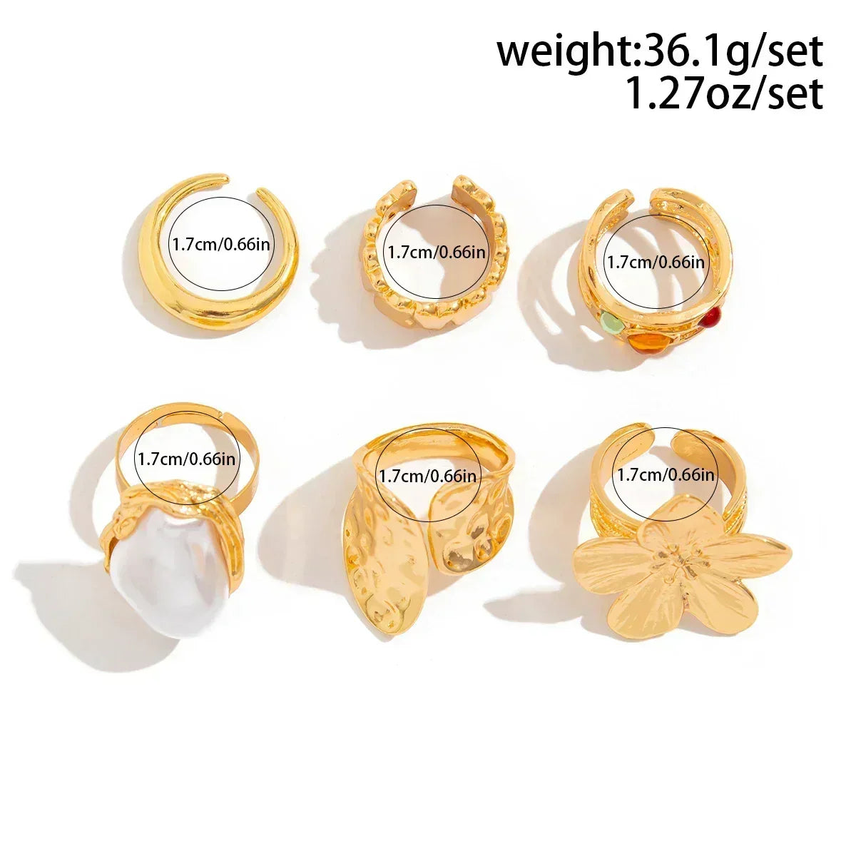 Oversized Metal Flower Open Rings - Baroque Imitation Pearl 6 pcs Rings Set