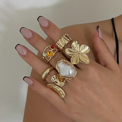 Oversized Metal Flower Open Rings - Baroque Imitation Pearl 6 pcs Rings Set