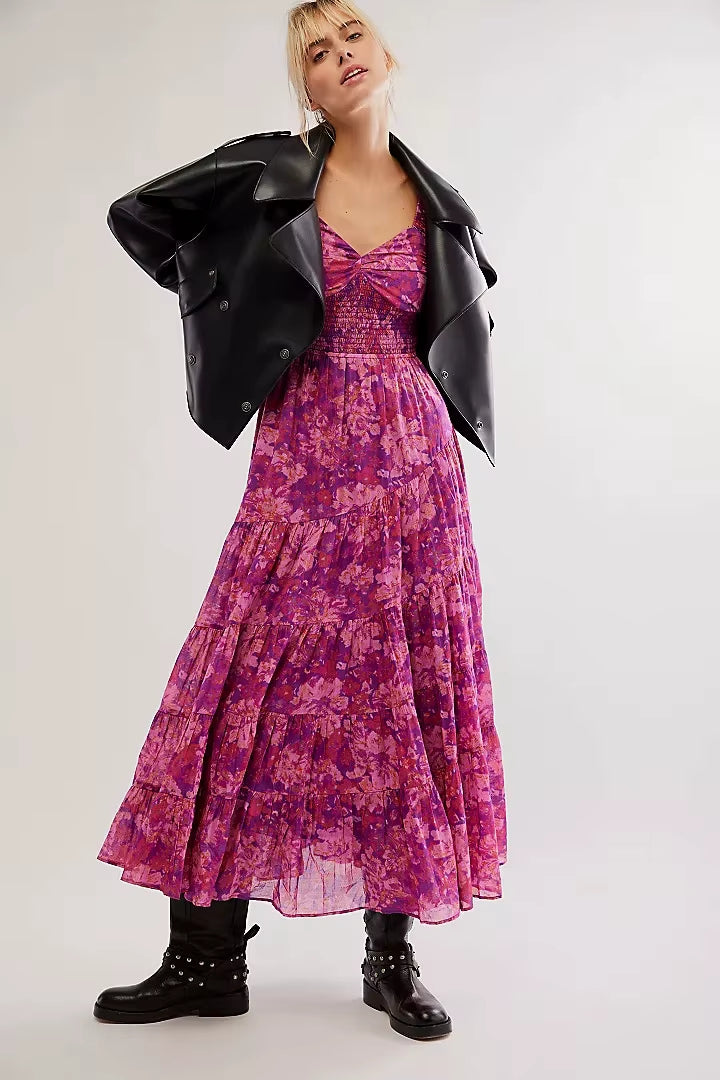 Printed Sweetheart Neck Puff Sleeve Maxi Dress Trendsi