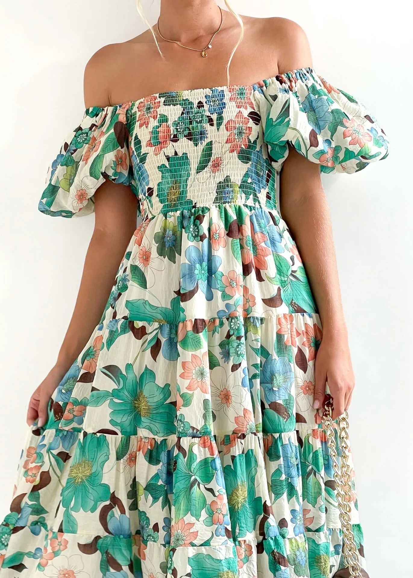 Floral Smocked Off Shoulders Puff Sleeve Tiered Dress Trendsi