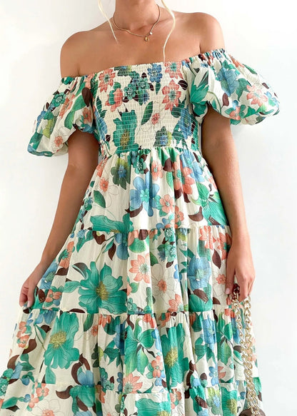 Floral Smocked Off Shoulders Puff Sleeve Tiered Dress Trendsi