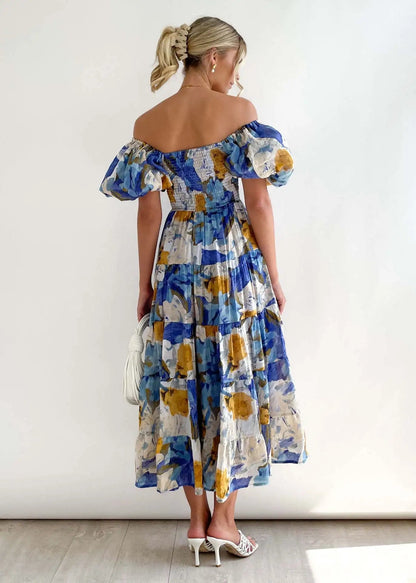 Floral Smocked Off Shoulders Puff Sleeve Tiered Dress Trendsi