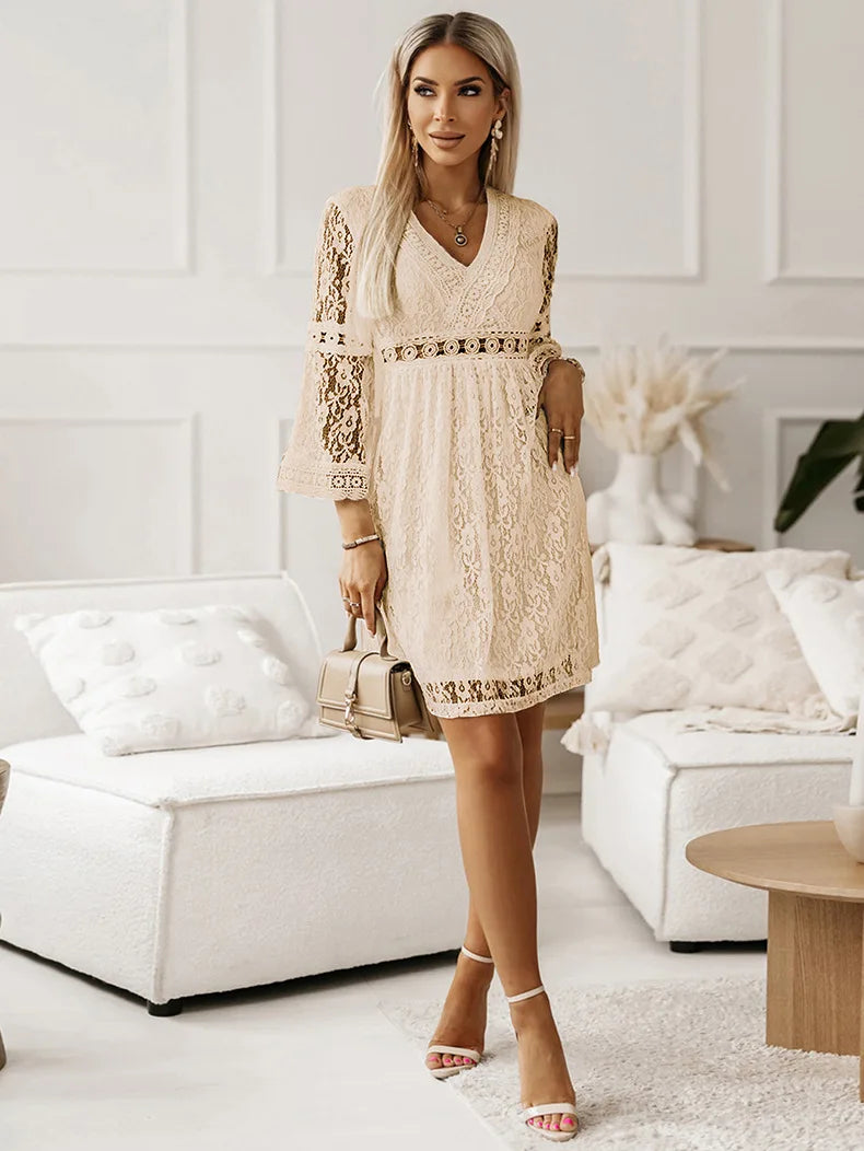 Lace V-Neck Three-Quarter Sleeve Dress Trendsi
