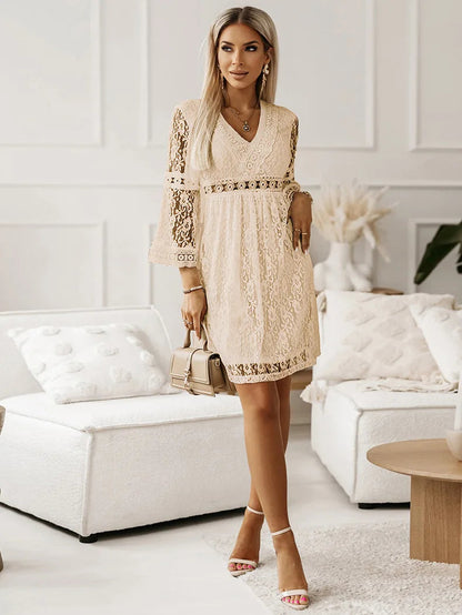Lace V-Neck Three-Quarter Sleeve Dress Trendsi